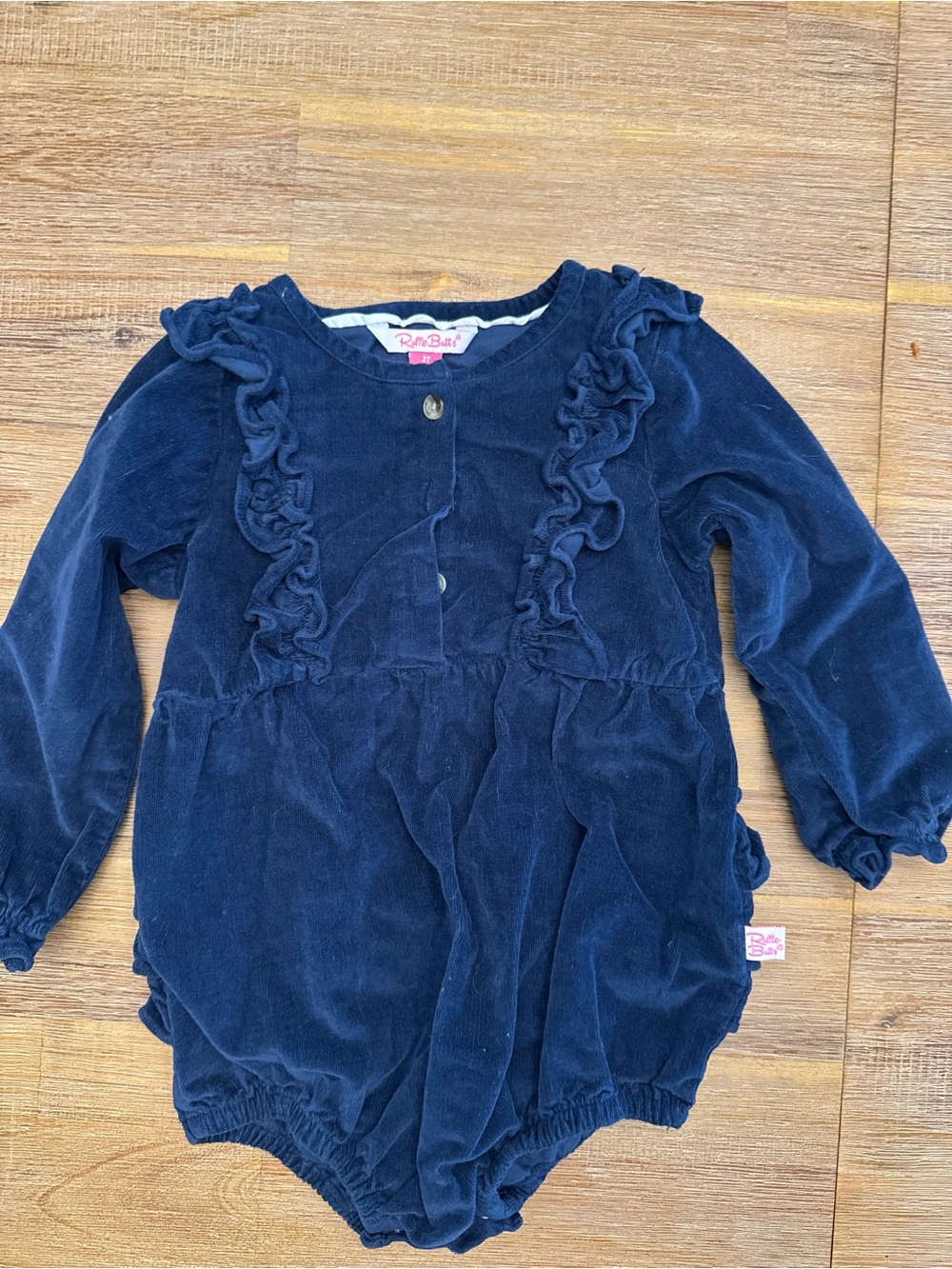 Ruffle Butts Navy Blue Velvet Ruffled Long-Sleeve Romper